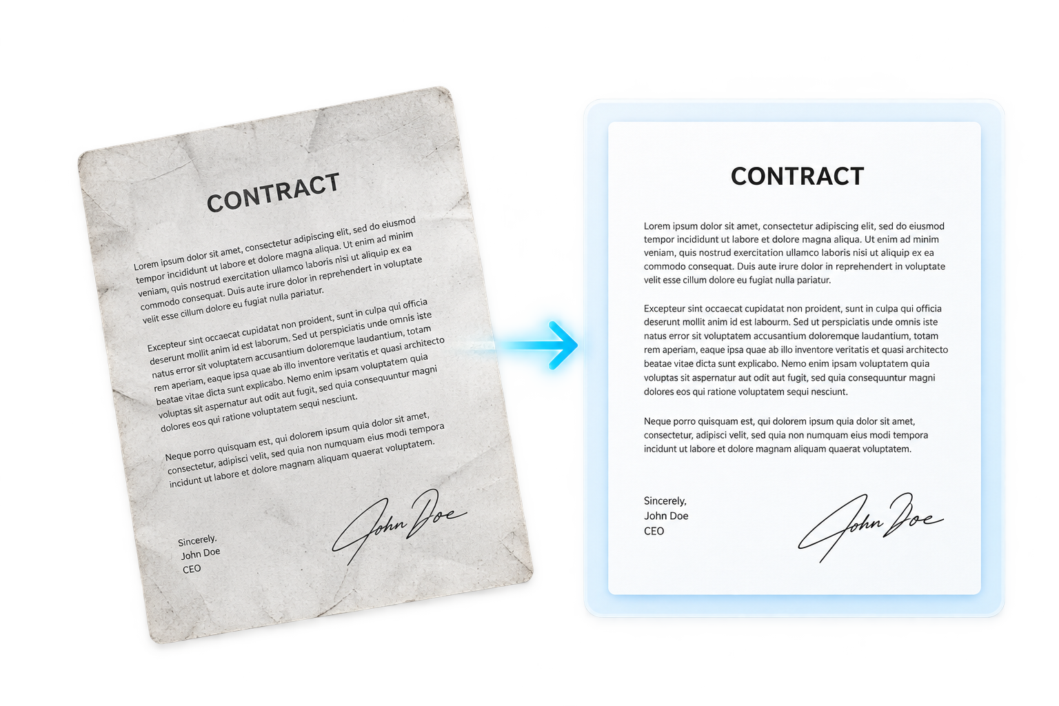 A contract photographed with a phone and its cleaned-up scan (illustration)